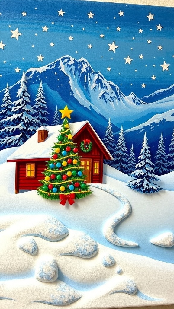 3D Christmas canvas painting of a snowy landscape with a cabin and Christmas tree, showcasing textures and embellishments.